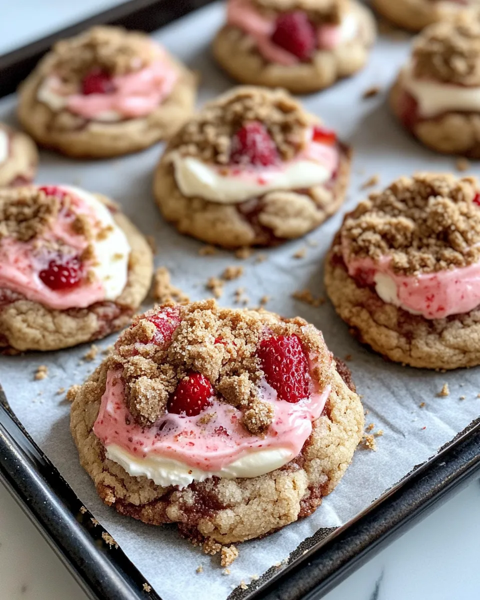 Delicious Pink Strawberry Cheesecake Crumble Cookies food shot