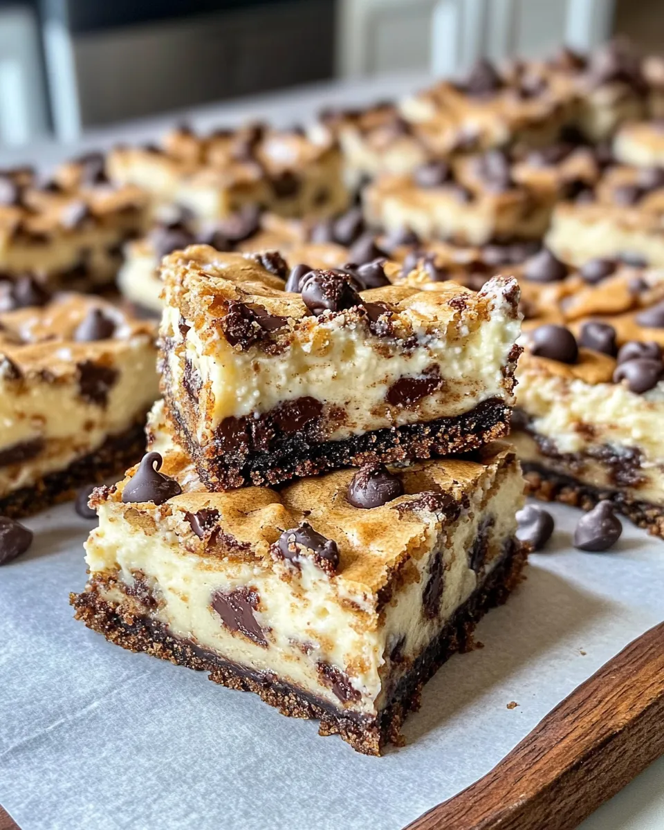 Easy Chocolate Chip Cookie Cheesecake Bars food shot