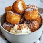 Delicious Churro Bites with Cheesecake Dip food shot