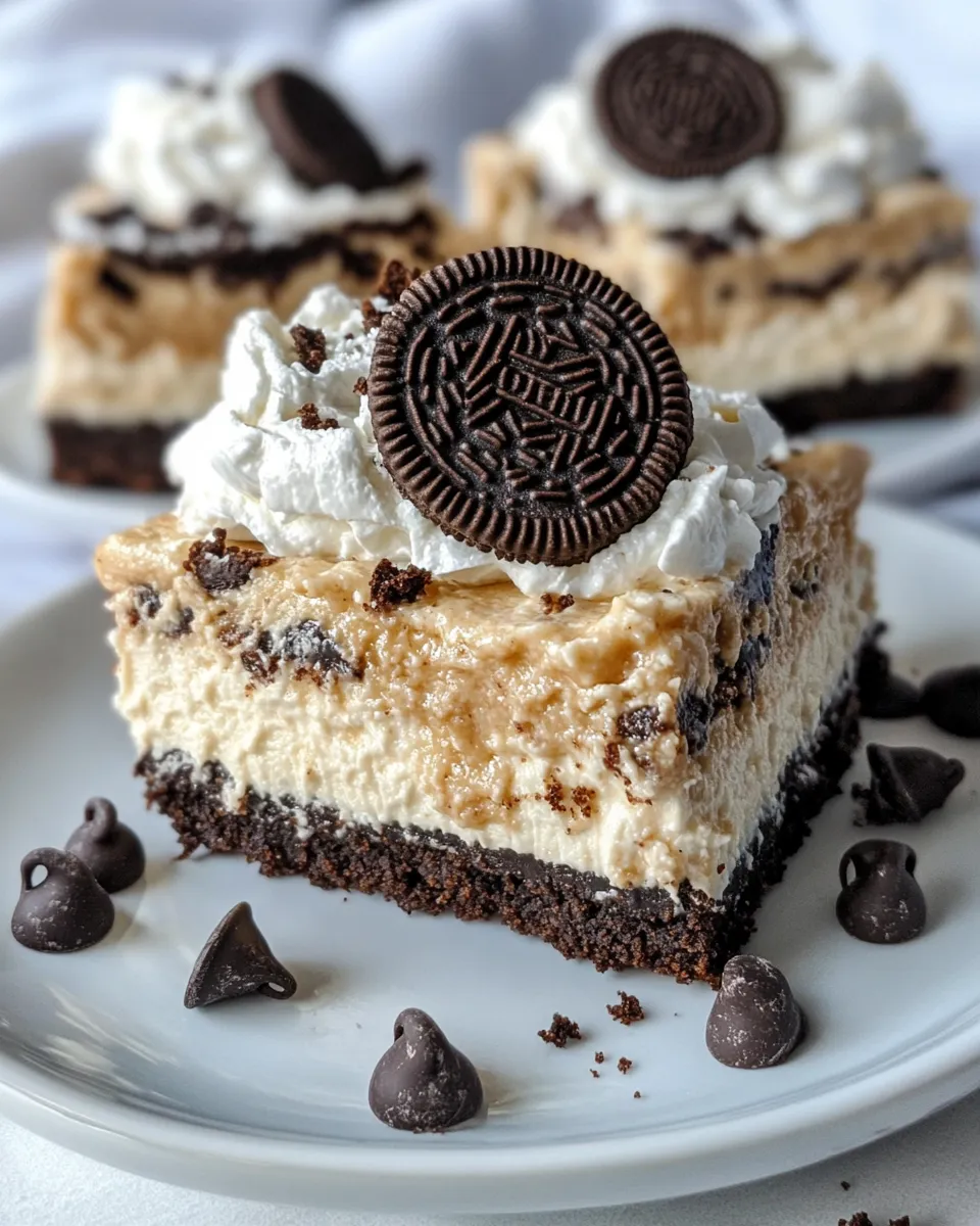 Easy Peanut Butter Oreo Cheesecake Bars food shot