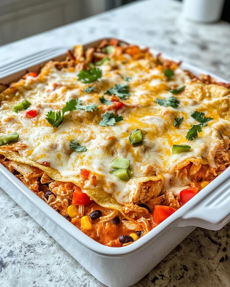 Easy Cheesy Chicken Tortilla Casserole food shot