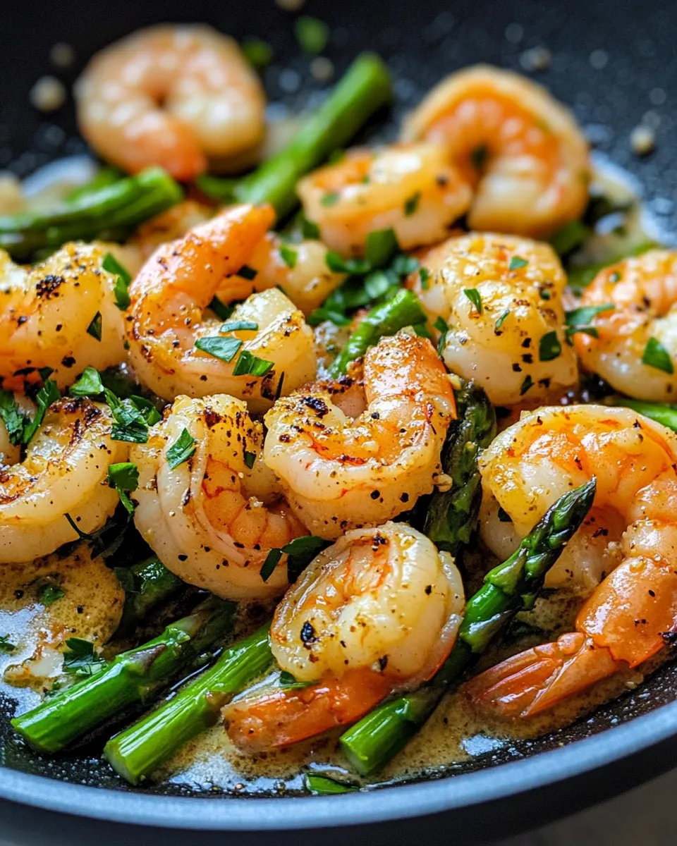 Delicious Creamy Garlic Shrimp and Asparagus food shot