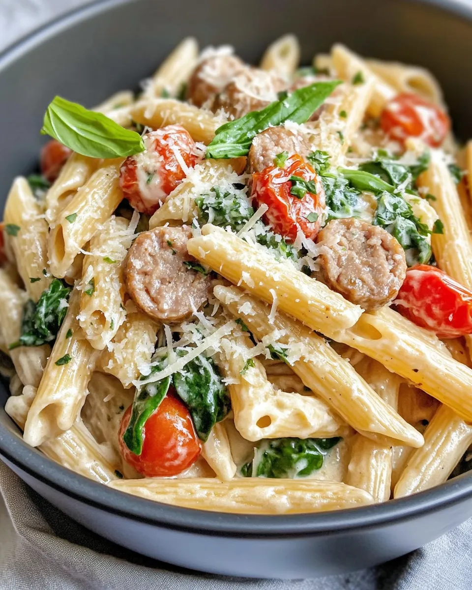Easy Creamy Tuscan Sausage Pasta food shot