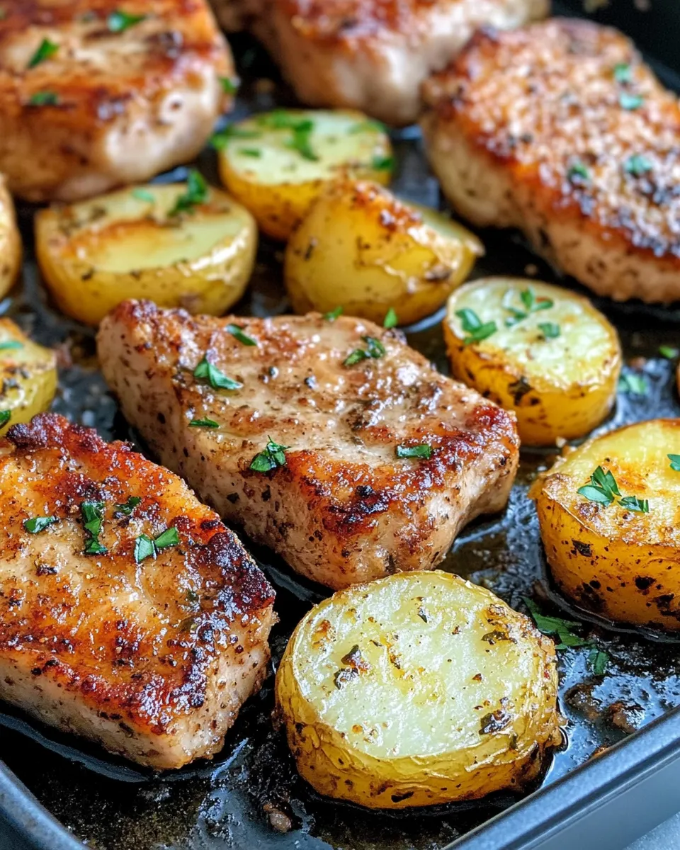 Easy Garlic Butter Pork Chops and Potatoes food shot