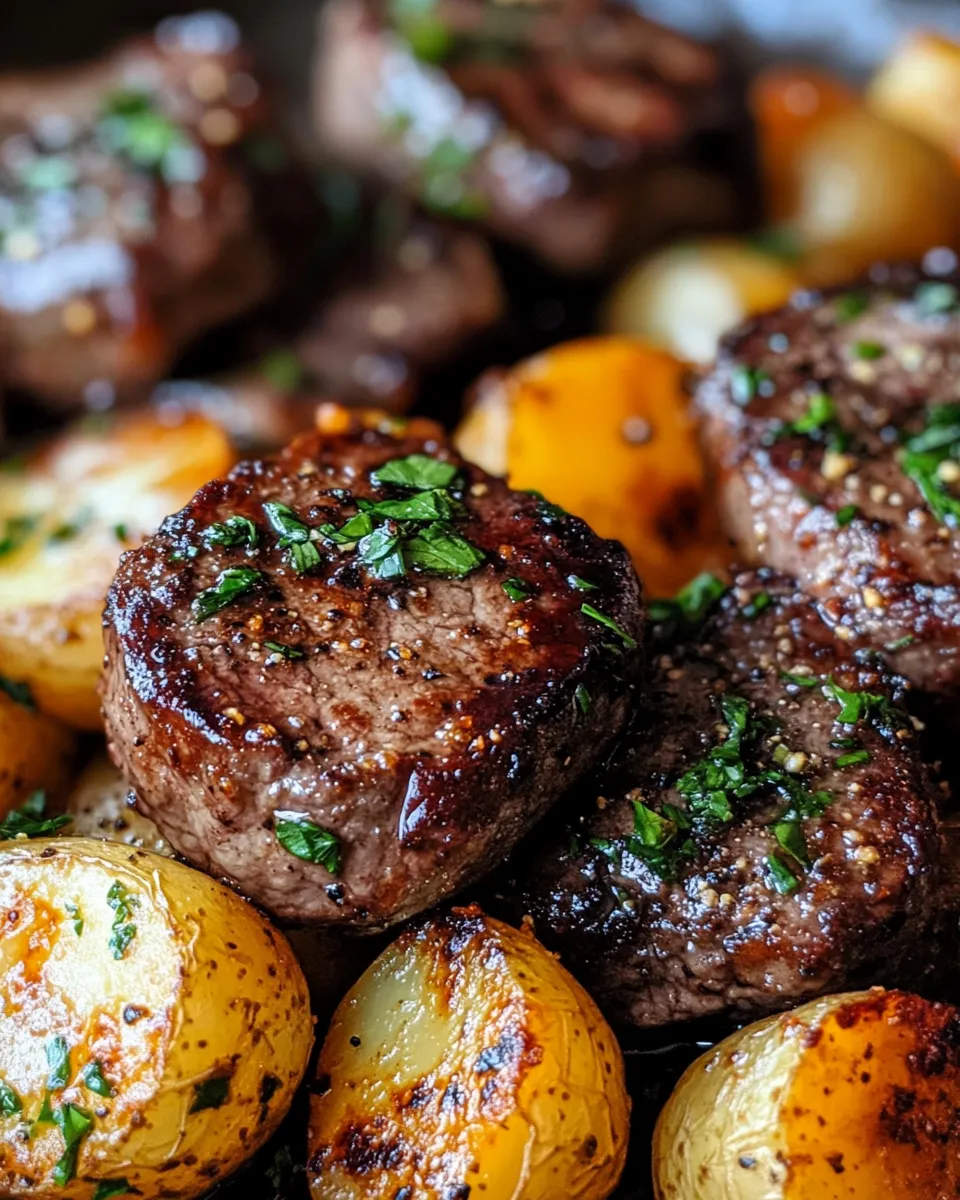 Easy Garlic Butter Steak Bites with Potatoes food shot