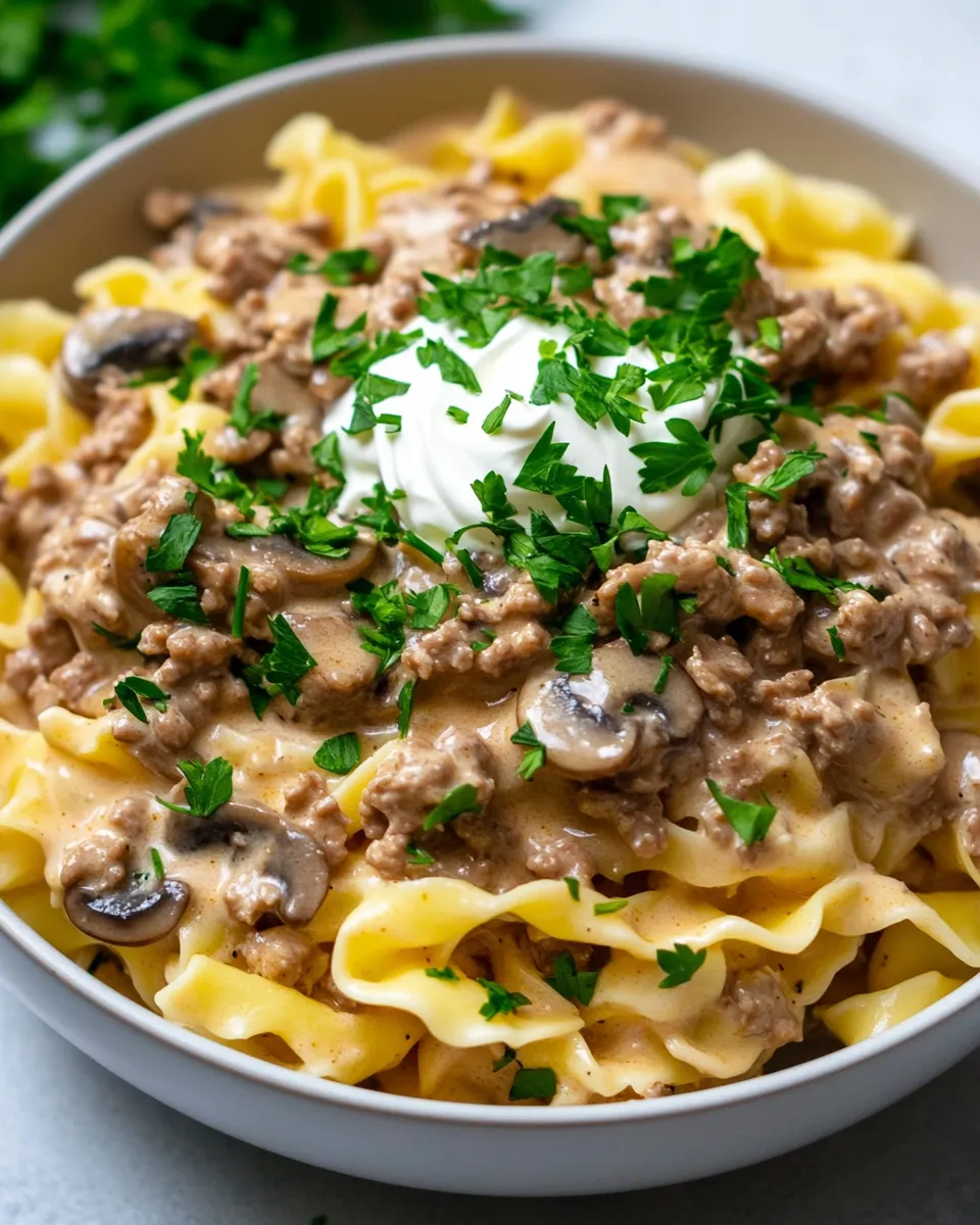 Delicious Skillet Ground Turkey Stroganoff food shot