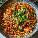 Ultimate 20 Minute Honey Garlic Chicken Udon Noodles. food shot