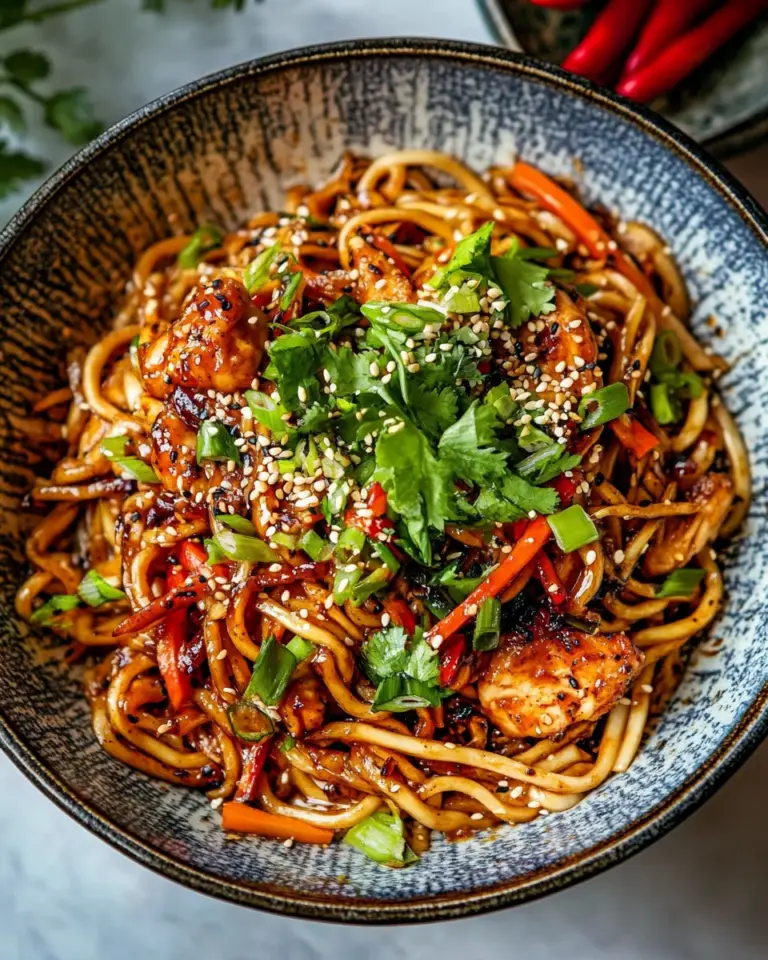 Ultimate 20 Minute Honey Garlic Chicken Udon Noodles. food shot