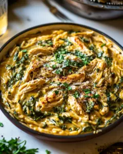 Savory 25 Minute Spinach and Artichoke Chicken Orzo. dish image