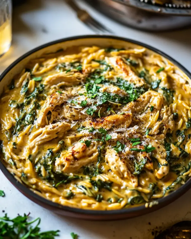 Savory 25 Minute Spinach and Artichoke Chicken Orzo. dish image