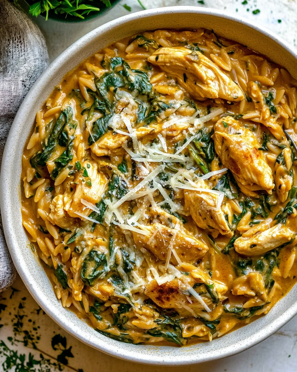 Simple 25 Minute Spinach and Artichoke Chicken Orzo. recipe photo