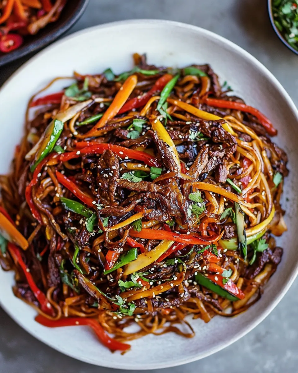Sweet 30-Minute Stir Fried Korean Beef and Toasted Sesame Noodles. food shot