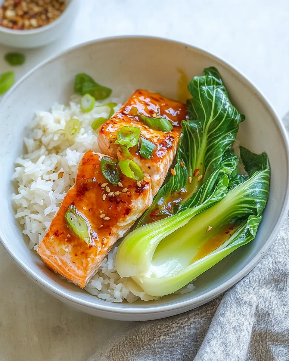Healthy 5-Minute Microwave Salmon Rice Bowl with Bok Choy shot