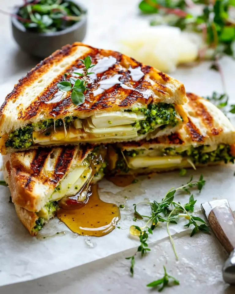 Ultimate Artichoke and Broccoli Pesto Brie Panini with Thyme Honey. food shot