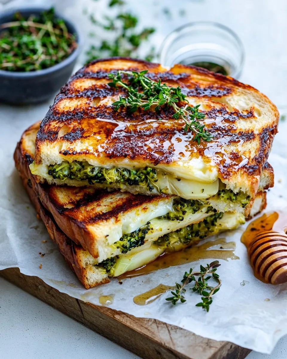 Fresh Artichoke and Broccoli Pesto Brie Panini with Thyme Honey. recipe photo