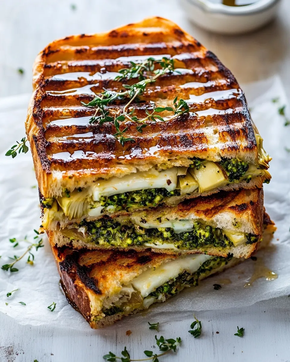 Fresh Artichoke and Broccoli Pesto Brie Panini with Thyme Honey. shot