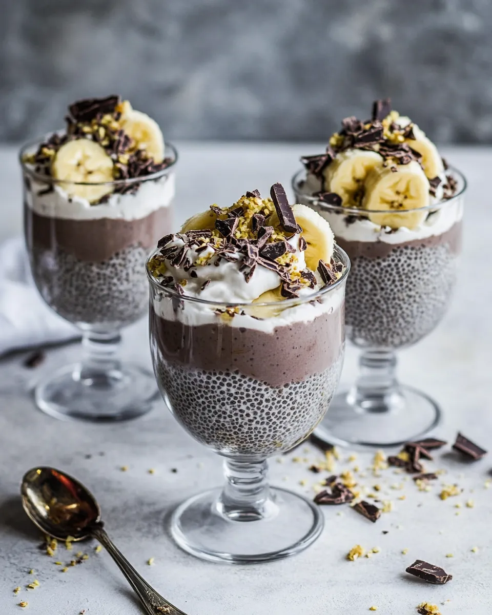 Easy Banana and Chocolate Chia Cream Pie Parfaits. recipe image
