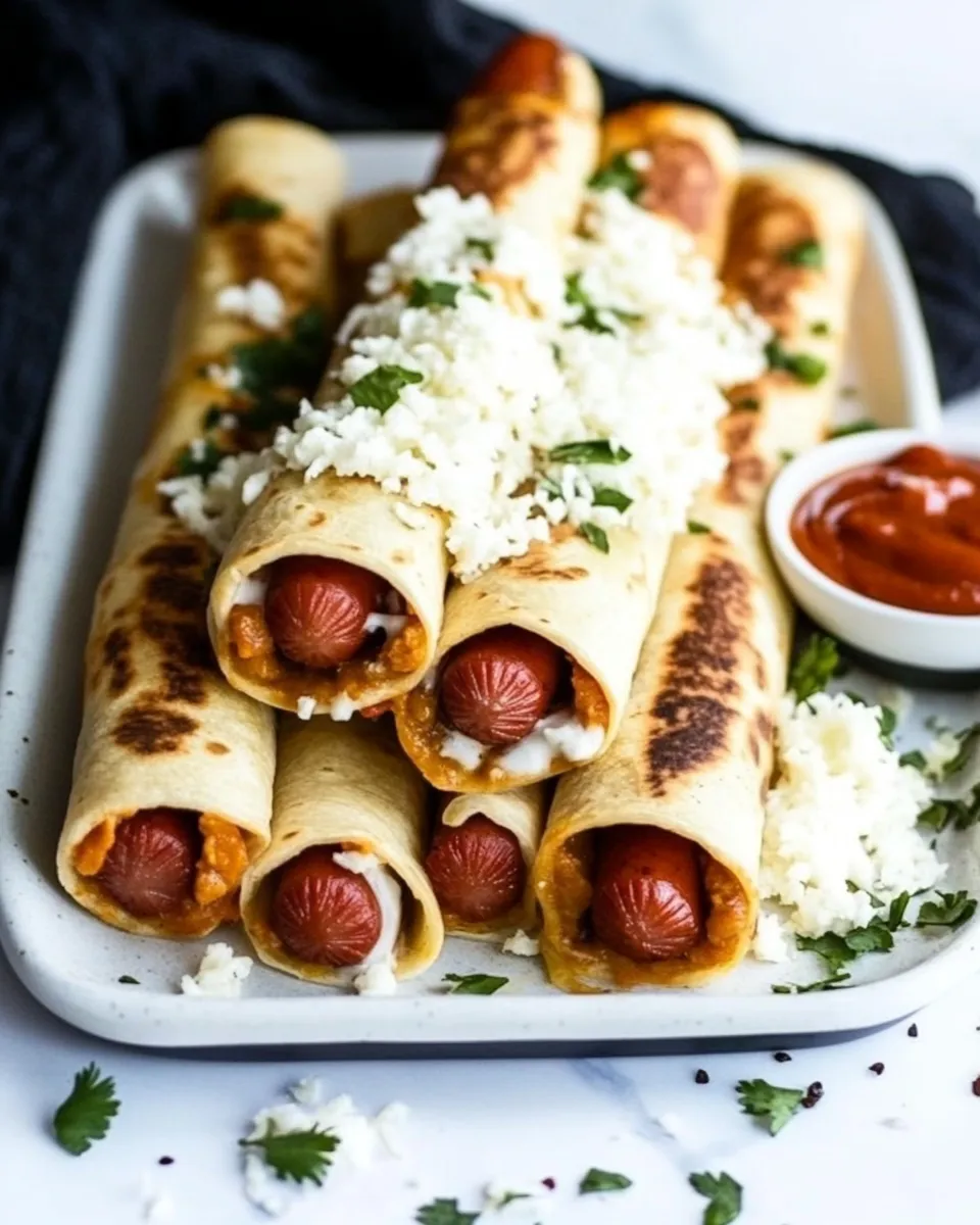Homemade Cheesy Wrapped Hot Dog Tortilla Taquitos Air Fryer OR Baked photo