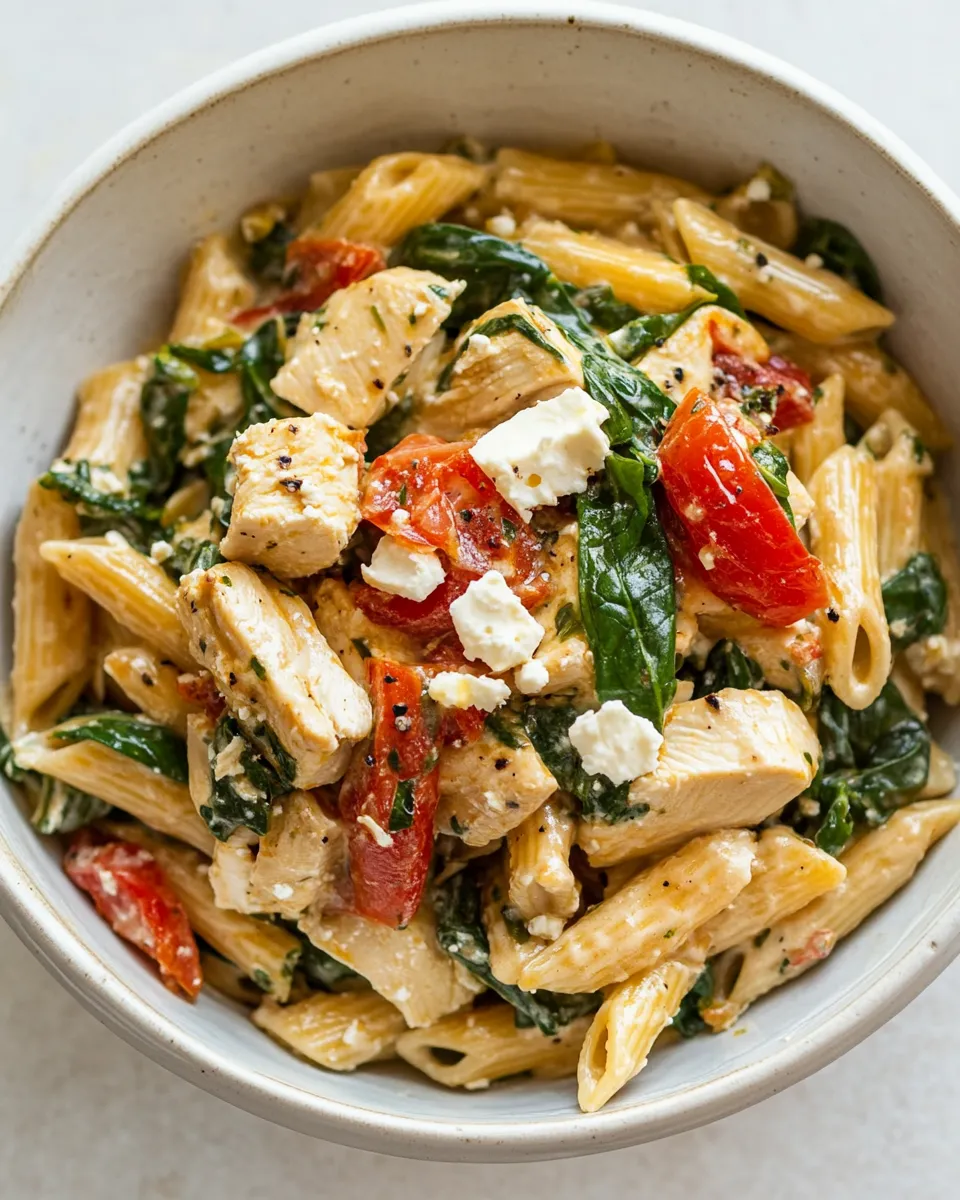 Healthy Chicken Feta Spinach Pasta food shot