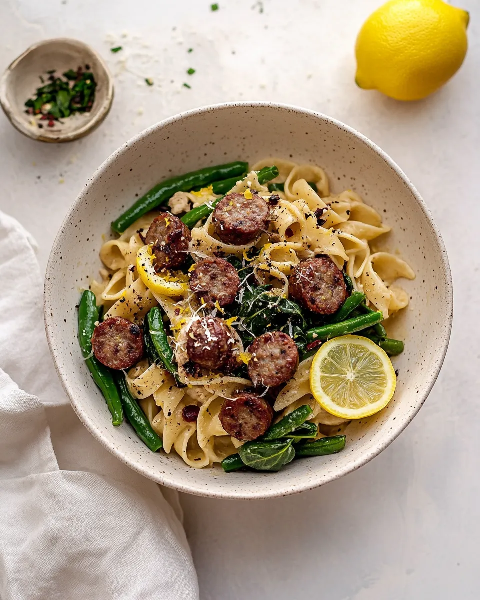 Homemade Chicken Sausage Pasta with Spinach, Lemon, and Green Beans photo