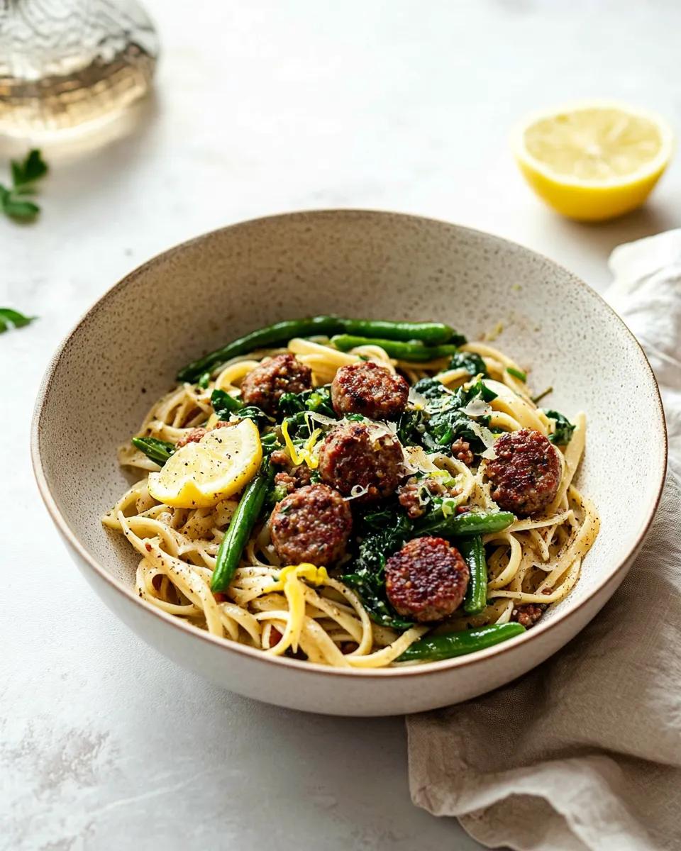 Easy Chicken Sausage Pasta with Spinach, Lemon, and Green Beans recipe photo