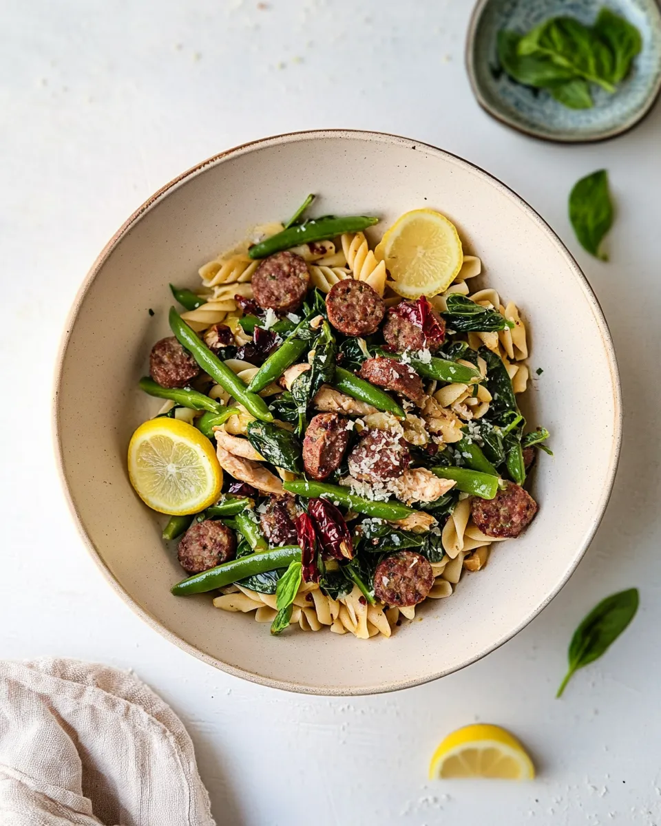 Delicious Chicken Sausage Pasta with Spinach, Lemon, and Green Beans shot