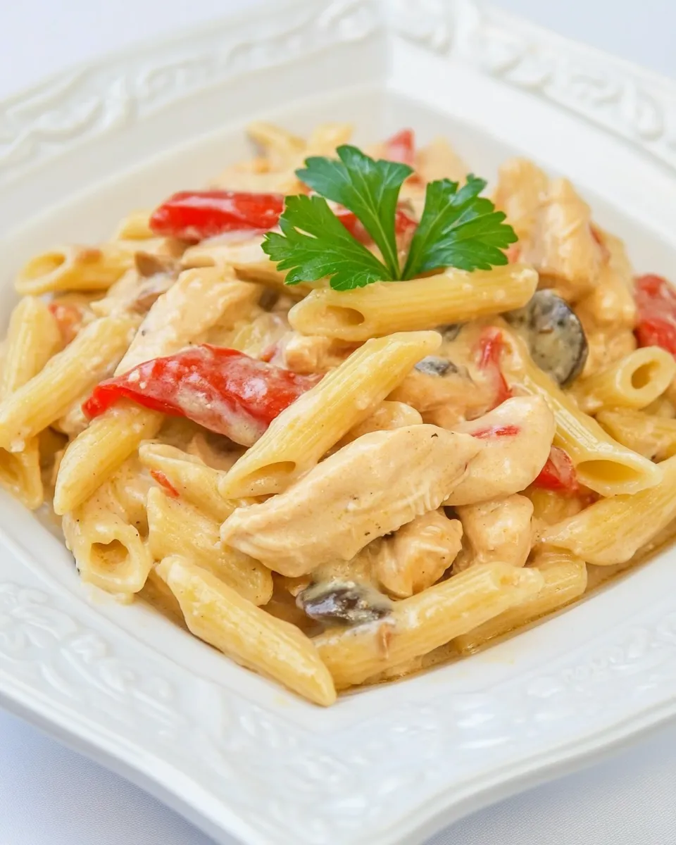 Delicious Chicken and Vegetable Penne Alfredo shot