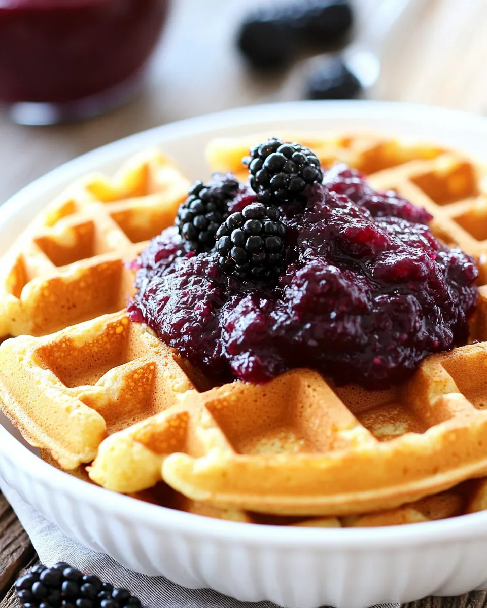 Tasty Cornmeal Waffles with Blackberry Compote shot