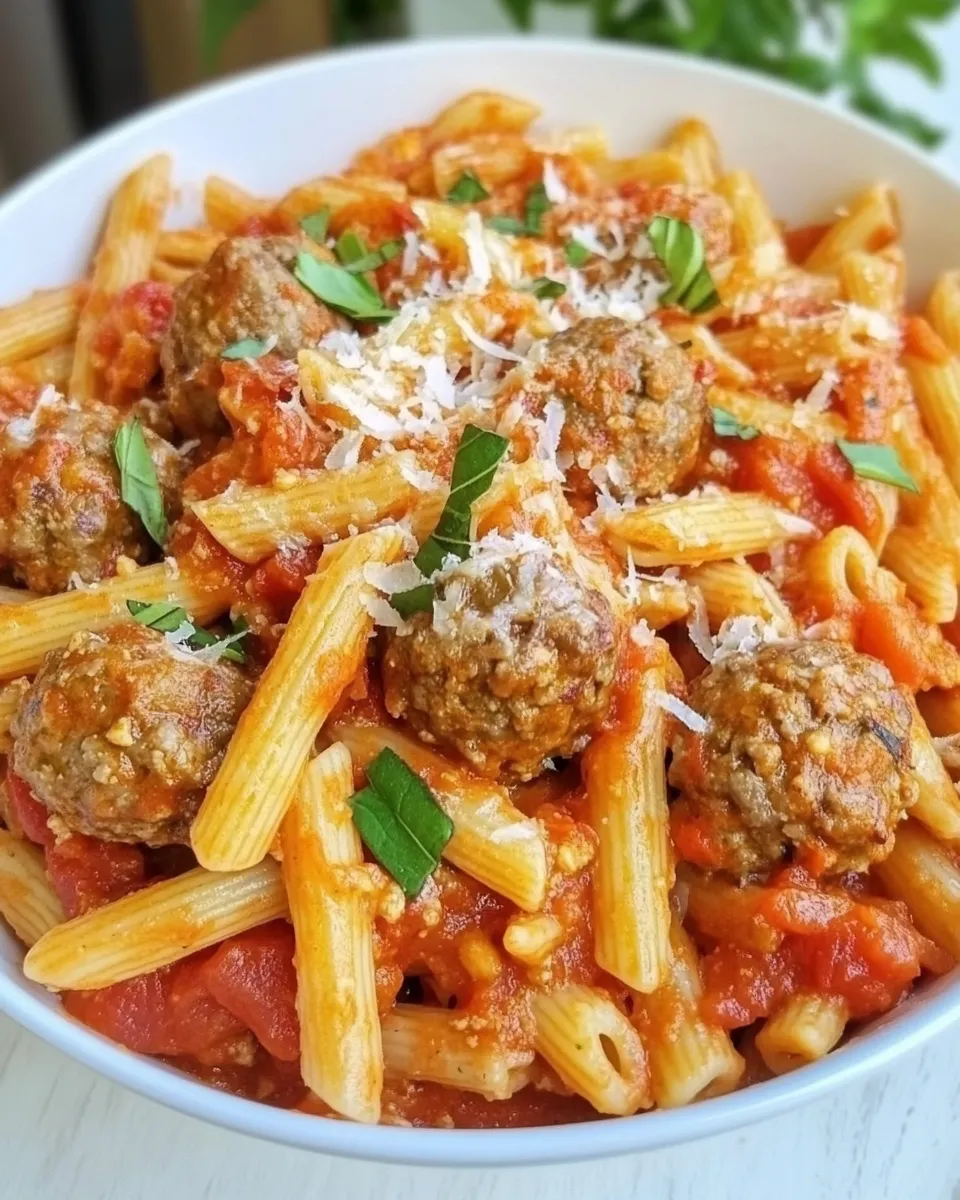 Homemade Creamy Tomato & Onion Pasta (Pink Sauce) with Meatballs photo