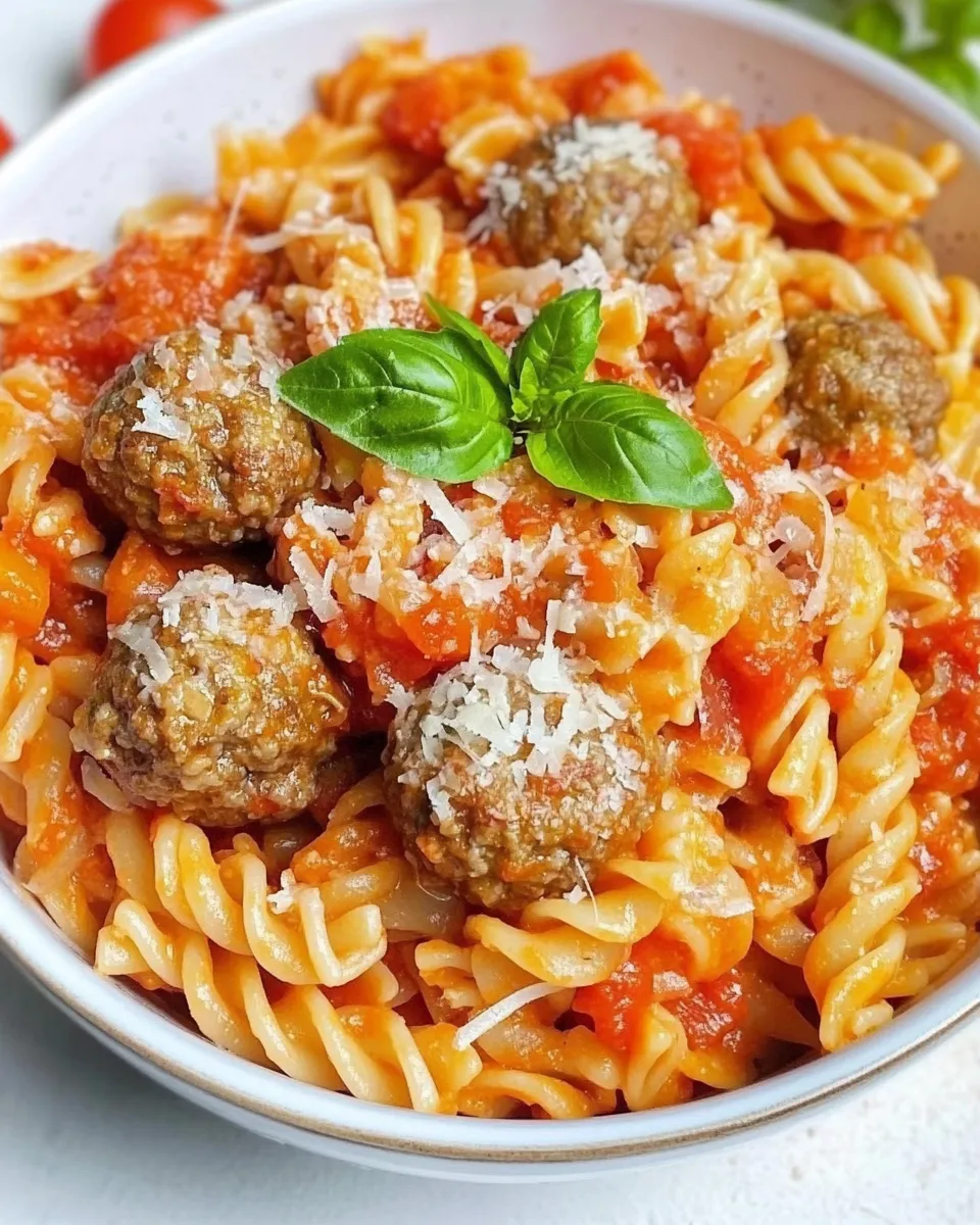 Delicious Creamy Tomato & Onion Pasta (Pink Sauce) with Meatballs shot