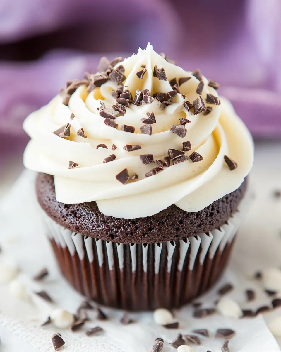 Delicious Dark Chocolate Cupcakes with White Chocolate Frosting shot
