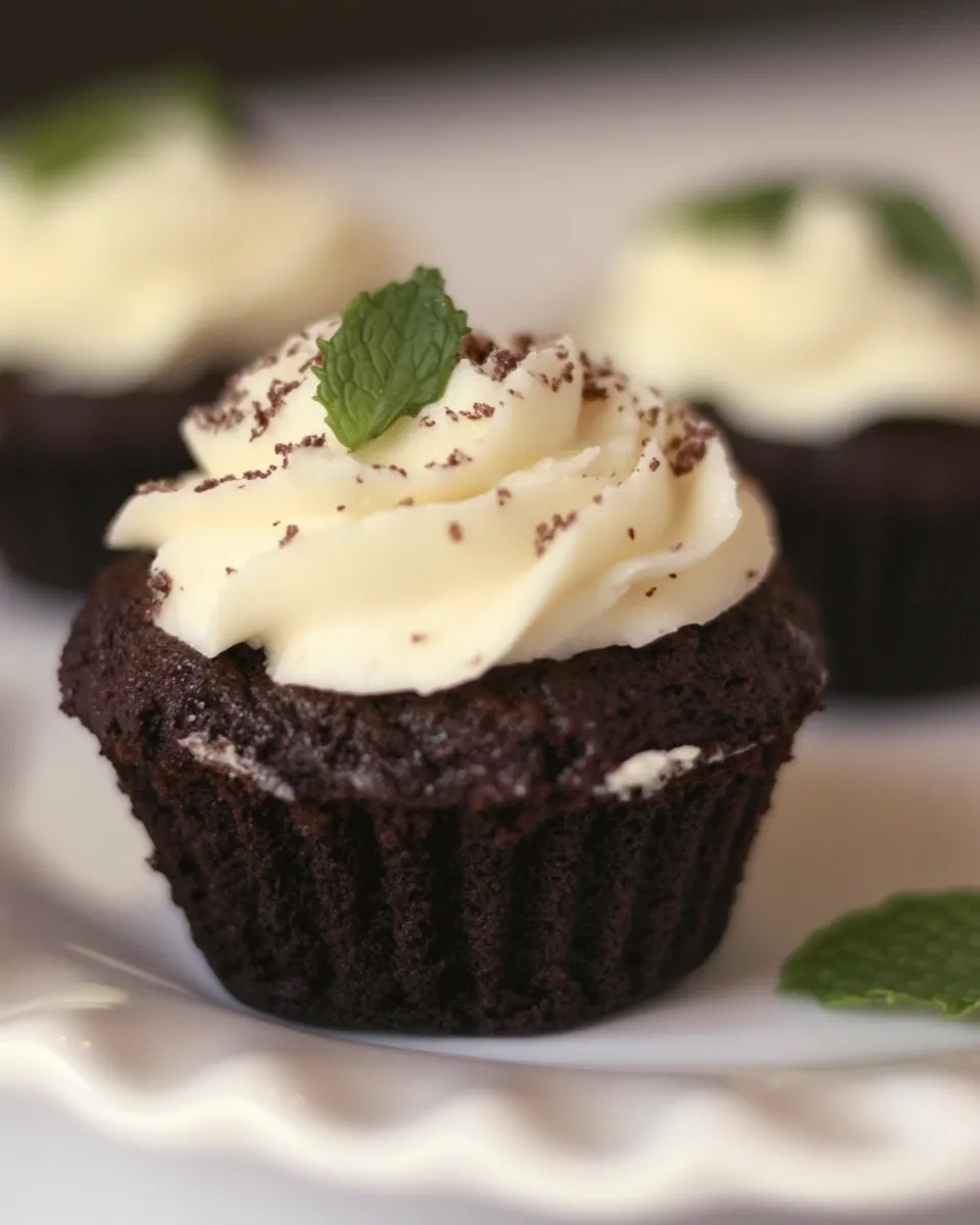 Sweet Fudgy Brownie Cupcakes with fresh whipped cream mint topping shot