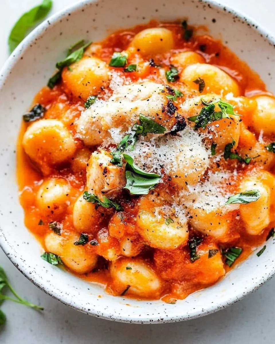Homemade Gnocchi with Grilled Chicken in Roasted Red Pepper Sauce recipe photo