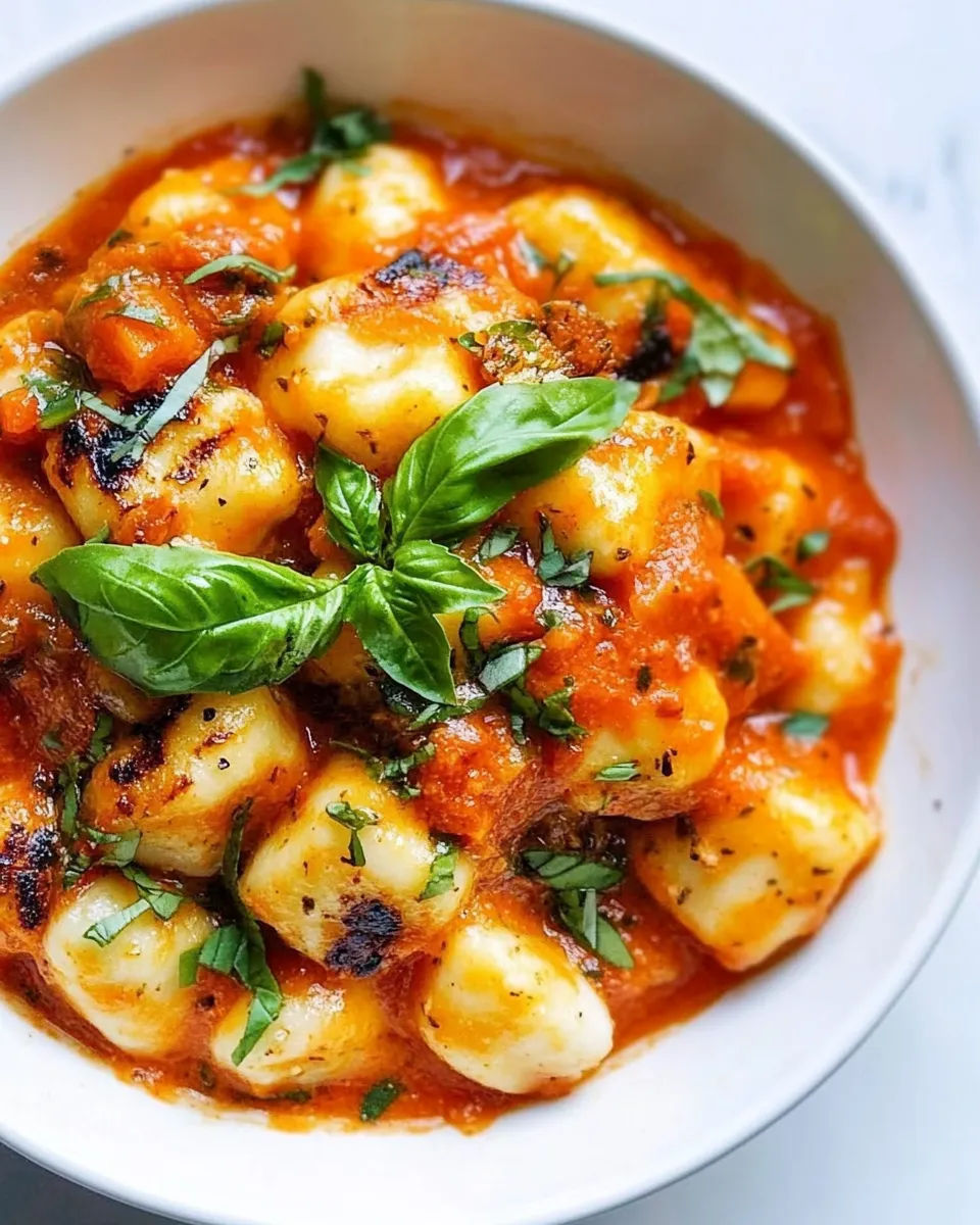 Savory Gnocchi with Grilled Chicken in Roasted Red Pepper Sauce shot