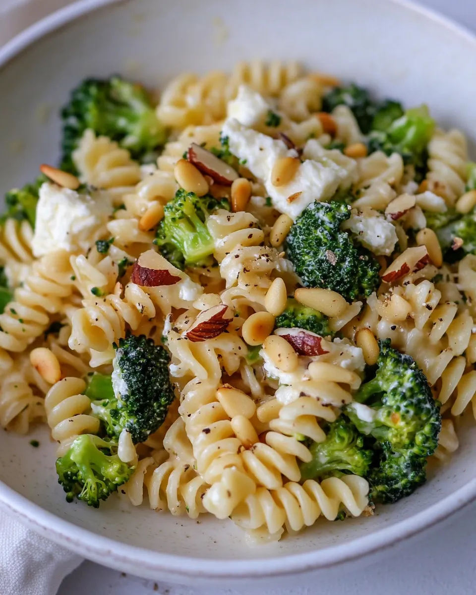 Delicious Goat Cheese Pasta, Broccoli, and Pine Nuts shot