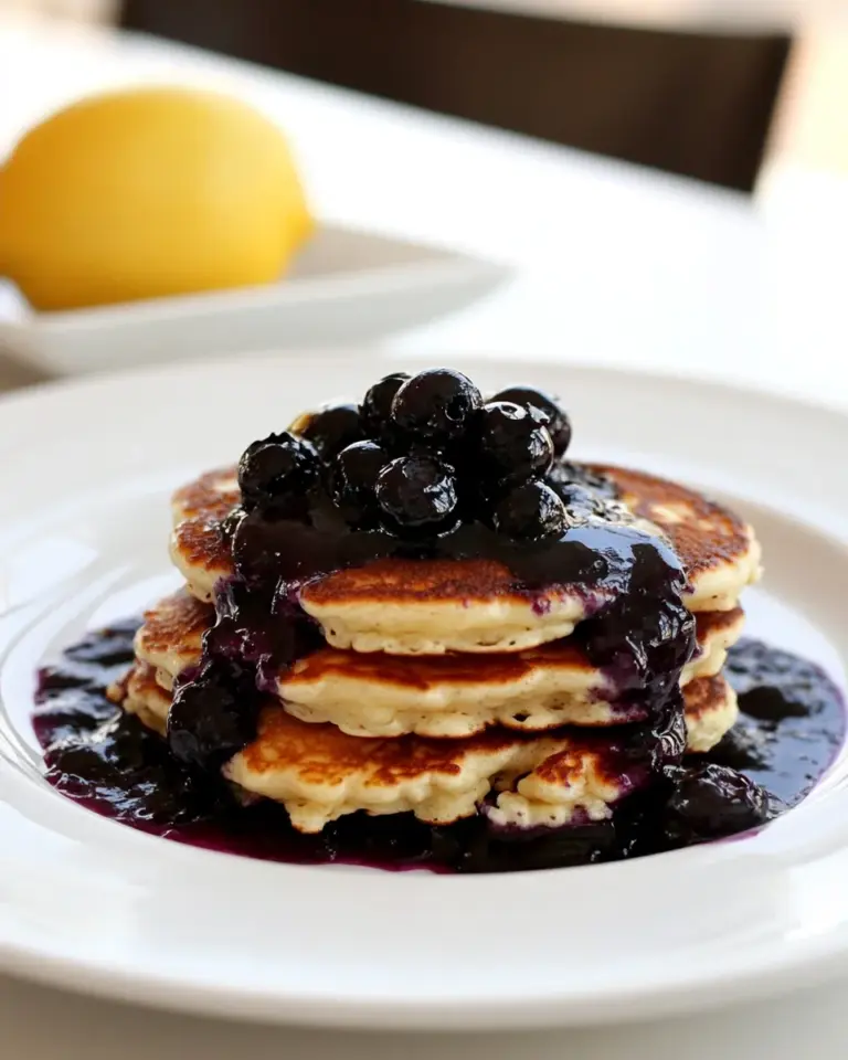 Homemade Lemon Ricotta Pancakes with Blueberry Sauce photo