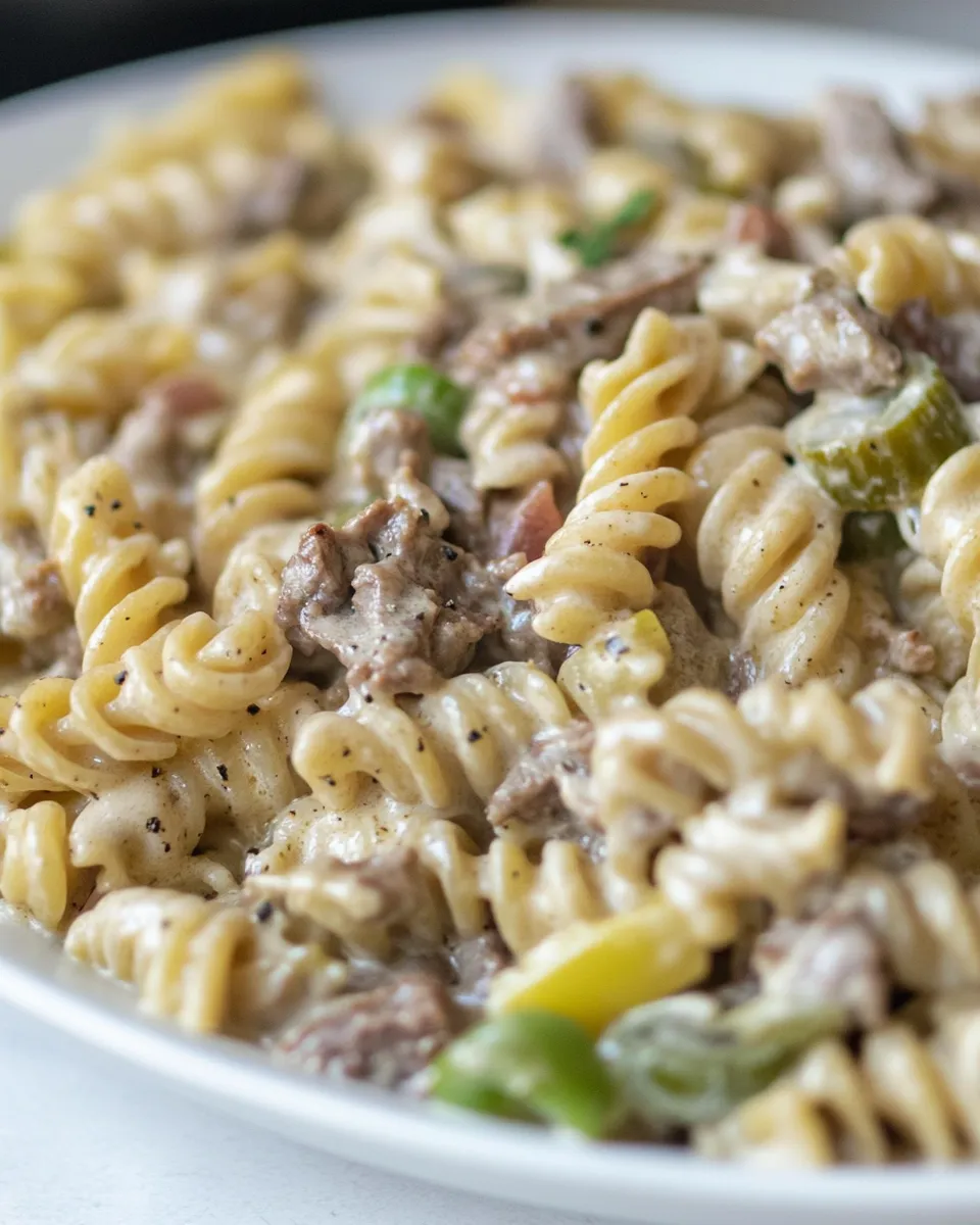 Healthy Macro Friendly Cheesesteak Pasta recipe photo