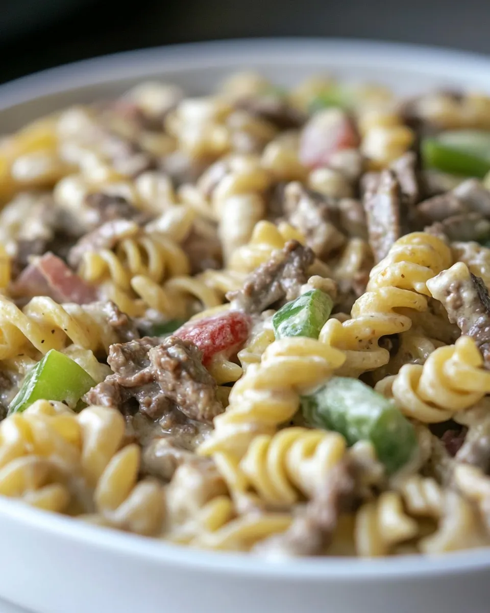 Quick Macro Friendly Cheesesteak Pasta dish photo