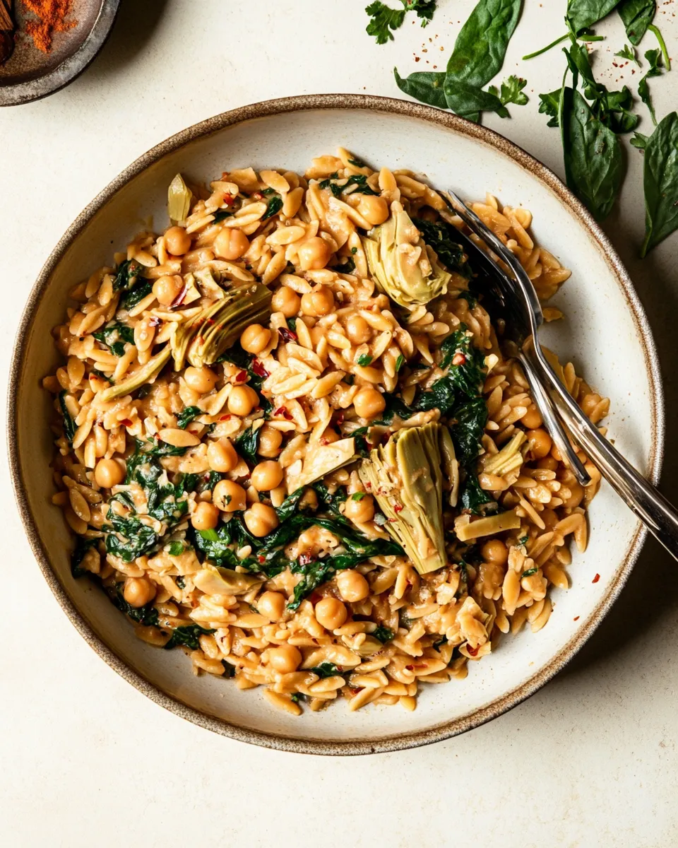 Easy One-Pot Spinach Artichoke Orzo with Chickpeas (Vegan) photo