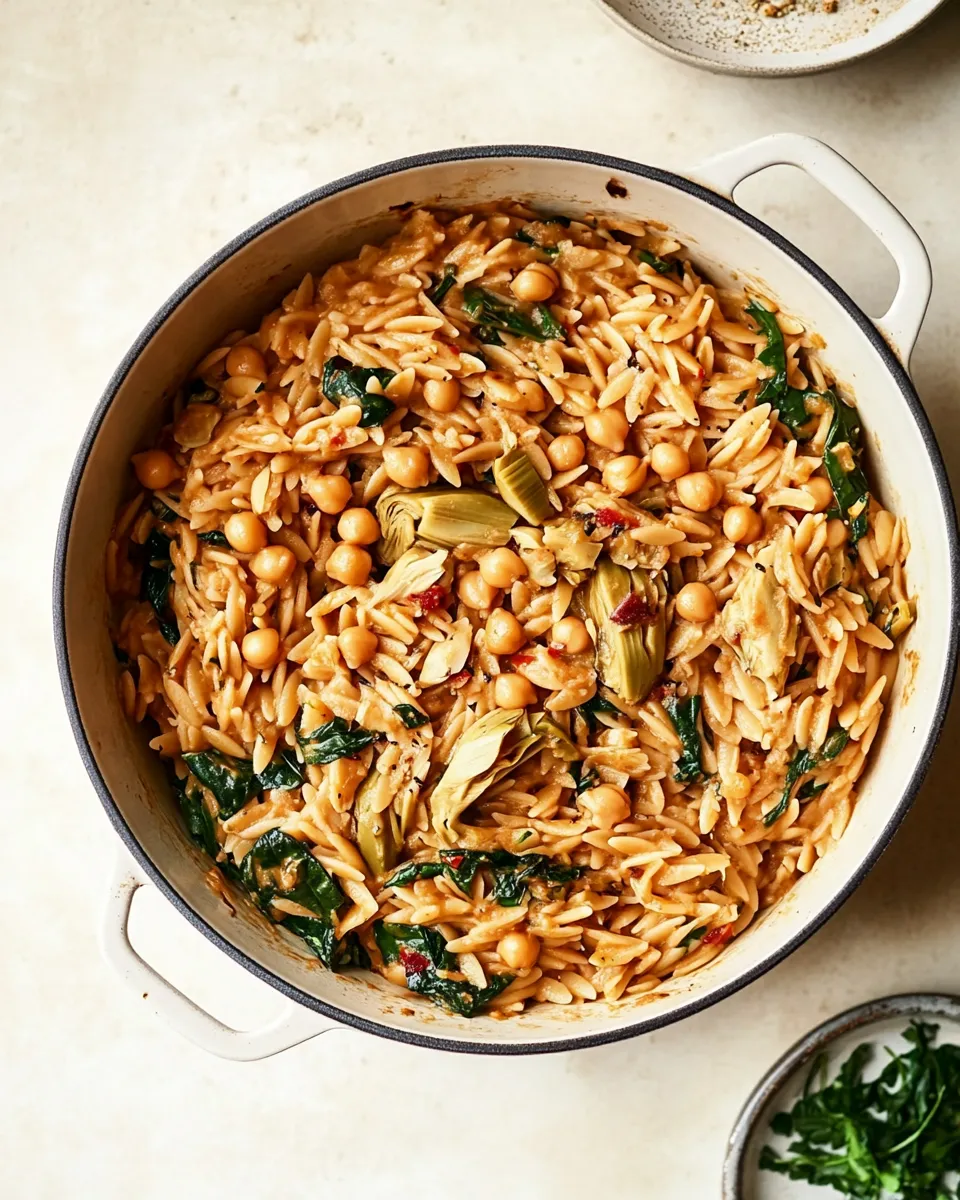 Delicious One-Pot Spinach Artichoke Orzo with Chickpeas (Vegan) image
