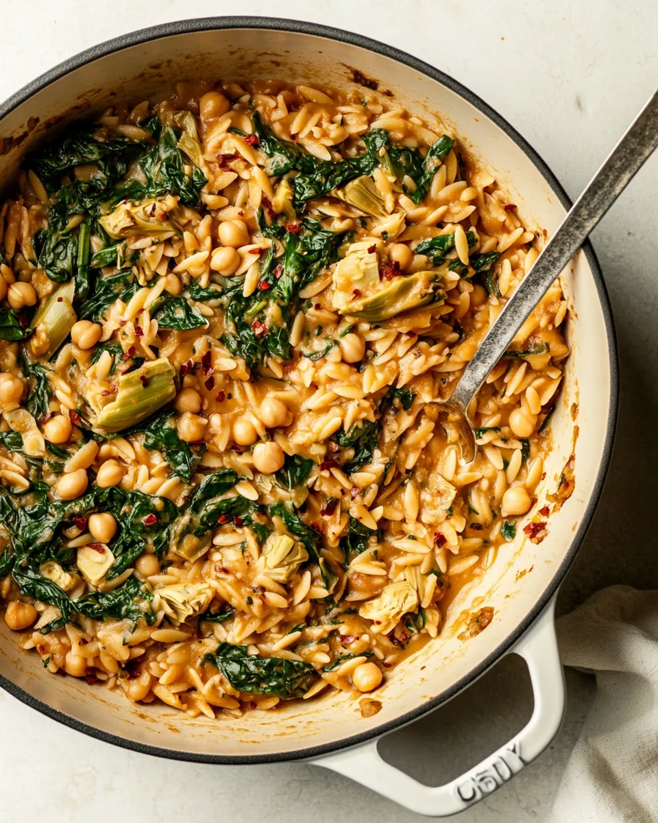 Healthy One-Pot Spinach Artichoke Orzo with Chickpeas (Vegan) recipe photo