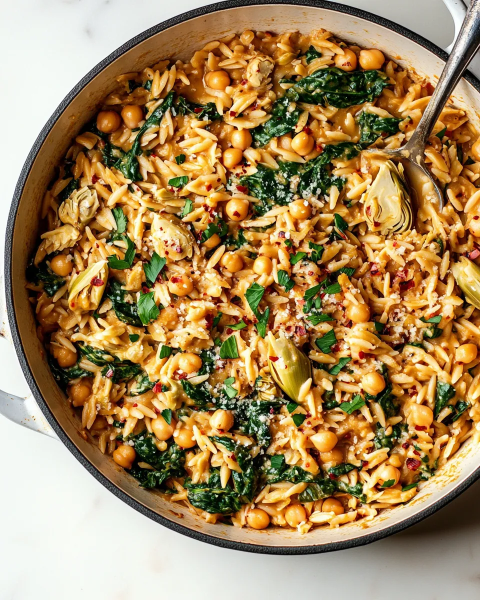 Quick One-Pot Spinach Artichoke Orzo with Chickpeas (Vegan) shot