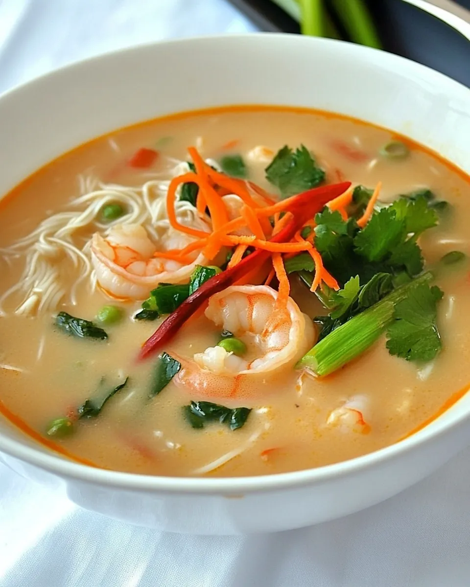 Delicious Pad Thai Soup with Shrimp and Vegetables shot