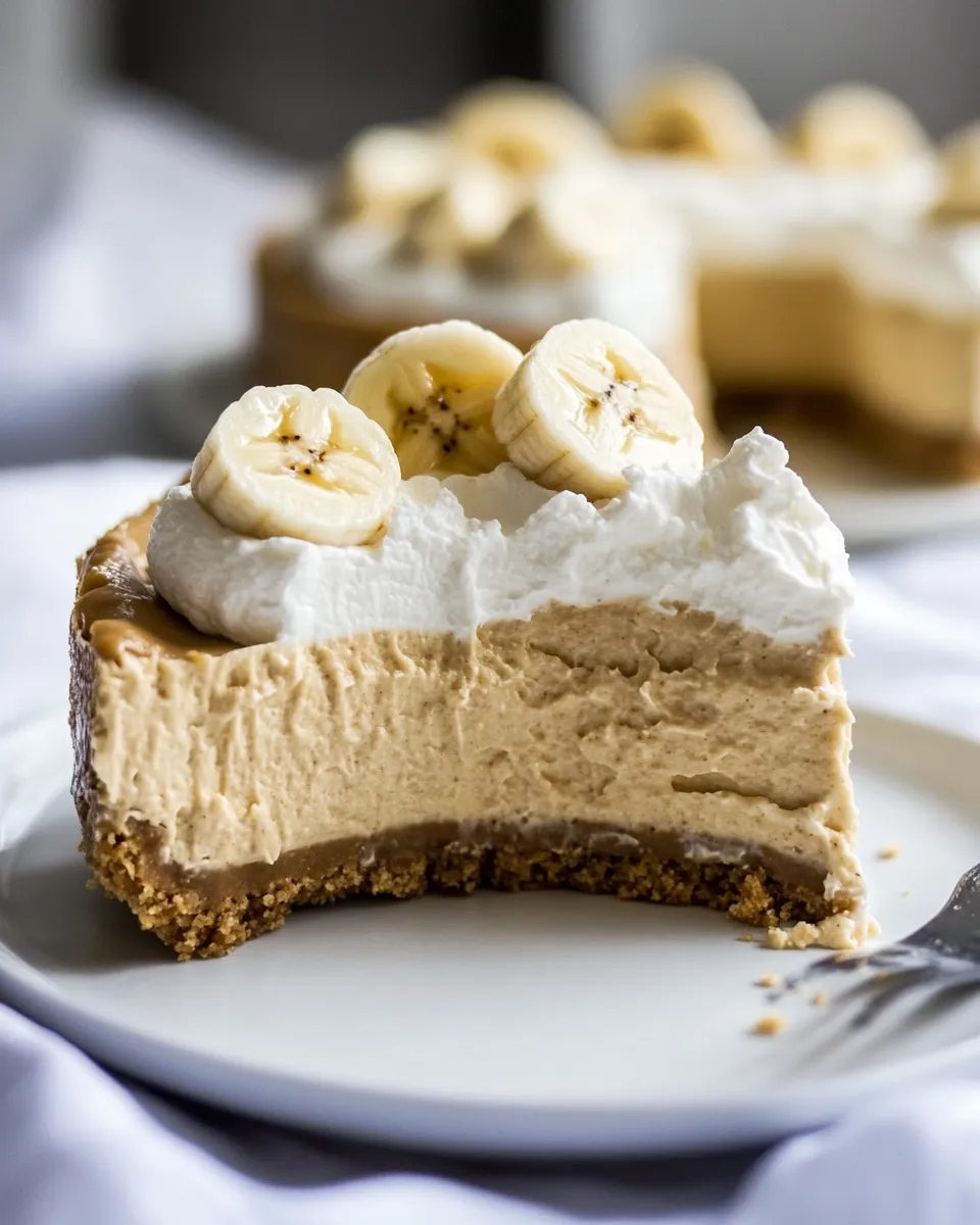 Delicious Peanut Butter Cheesecake with Whipped Marshmallow and Bananas. shot