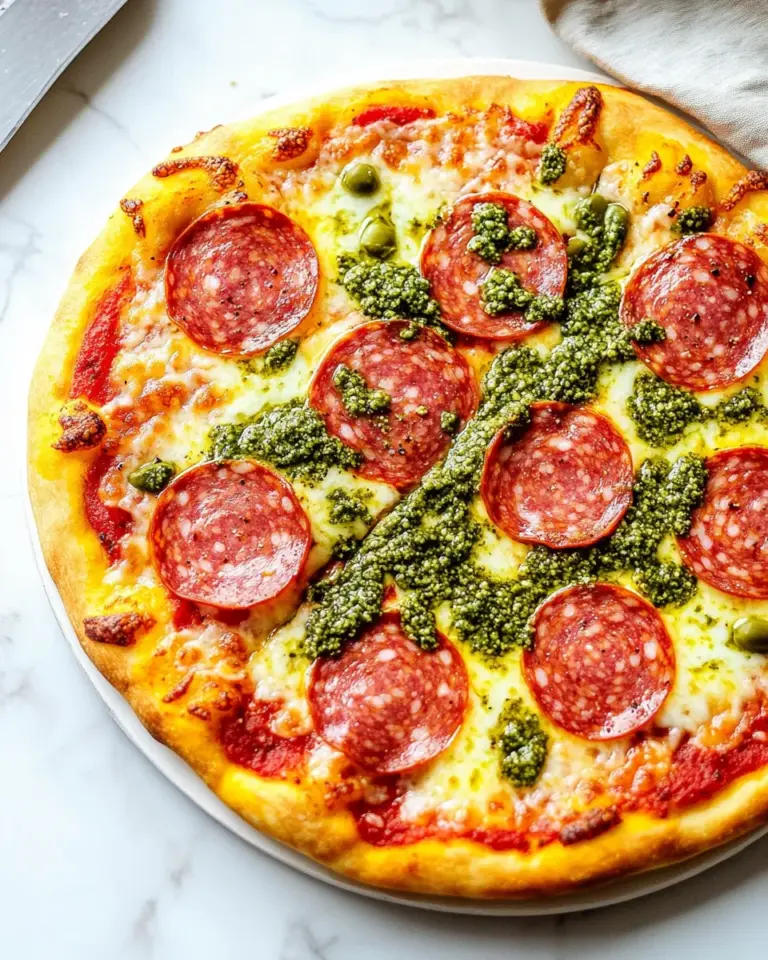 Homemade Pesto and Salami Pizza Recipe photo