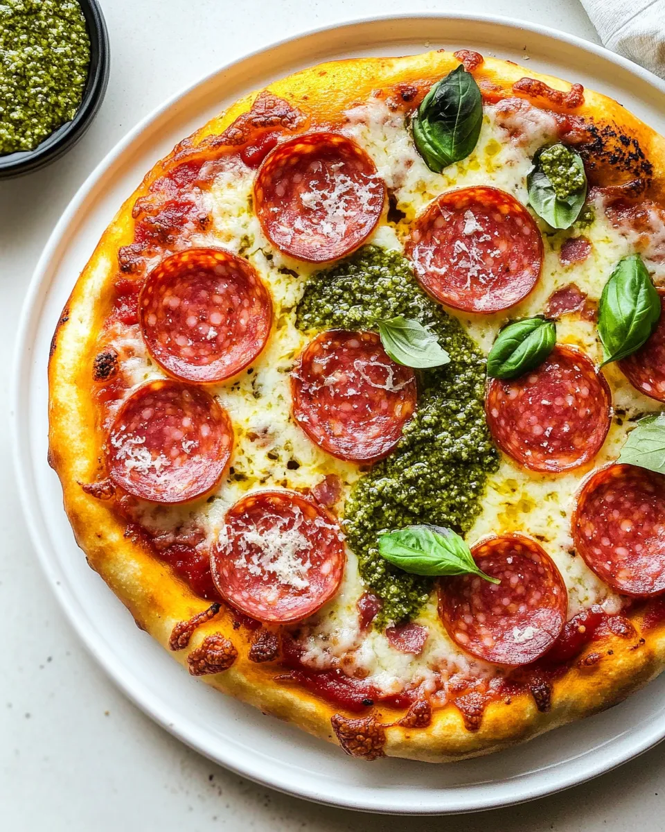 Delicious Pesto and Salami Pizza Recipe dish photo