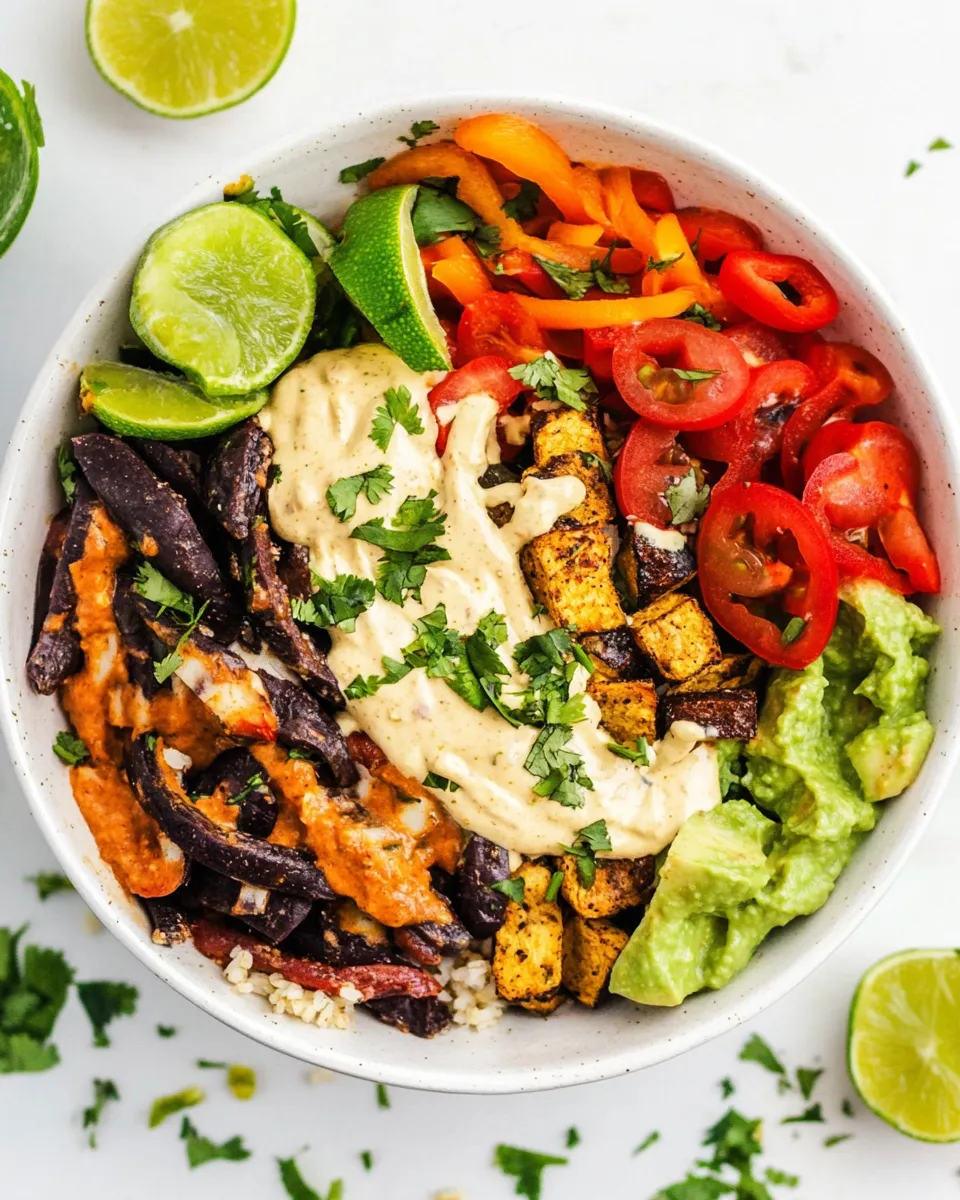 Quick Roasted Veggie Burrito Bowls with Vegan Queso shot