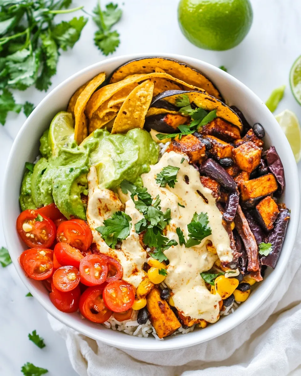 Tasty Roasted Veggie Burrito Bowls with Vegan Queso recipe image