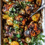 Sweet Sheet Pan Lemon Balsamic Chicken and Potatoes. food shot
