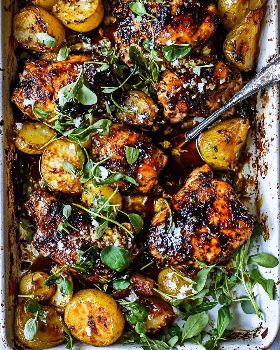 Sweet Sheet Pan Lemon Balsamic Chicken and Potatoes. food shot